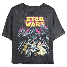 Capture the excitement of the original Star Wars trilogy with the officially licensed Star Wars Comic Cover Juniors' Mineral Wash Crop Top Graphic T-Shirt. This tie-dye style crop top tee shows Darth Vader shaking his fists in anger below the Star Wars logo featured in a bright pink and yellow font, while C-3PO, R2-D2, Luke Skywalker, and Princess Leia stand below with blasters and lightsabers. You'll love this retro fashion that shows off a vintage faded look and raw cropped seam and is perfect Star Wars Disneybound, Star Wars Tee Shirts, Rogue One Star Wars, Star Wars Tee, Star Wars Trilogy, Comic Cover, Star Wars Outfits, Star Wars Comics, Star Wars Logo