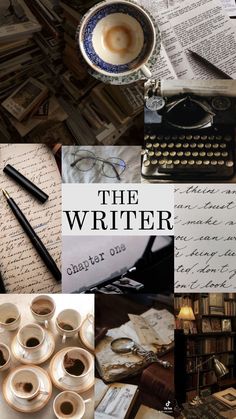 the writer collage with coffee, typewriter, and other writing tools on it