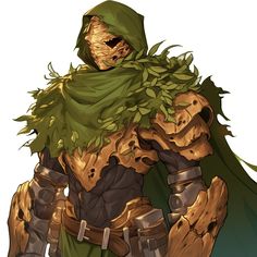 an image of a man dressed in armor and wearing a green cape with leaves on his shoulders