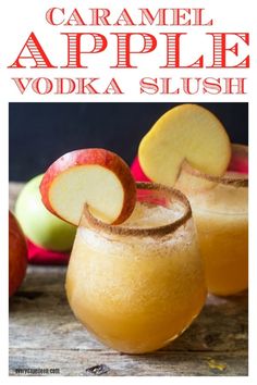 caramel apple vodka slush with apples in the background and text overlay that reads caramel apple vodka slush