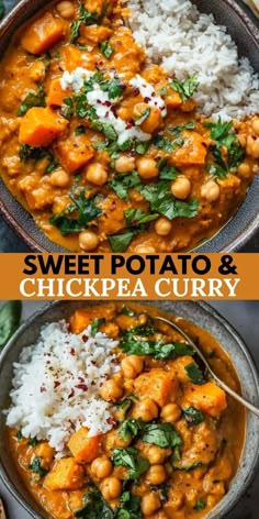 sweet potato and chickpea curry in a bowl with rice