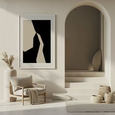 a living room scene with focus on the chair and art hanging over the fireplace mantel