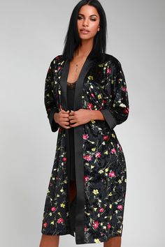 Good Luxe Charm Black Floral Print Velvet Robe Velvet Outfit, Womens Velvet Dresses, Velvet Party Dress, Maxi Tops, Velvet Clothes, Printed Robe, Green Floral Print, Black Floral Print, Floral Print Maxi