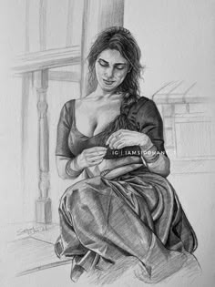 a pencil drawing of a woman sitting on the ground