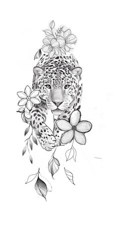 a black and white drawing of a leopard surrounded by flowers