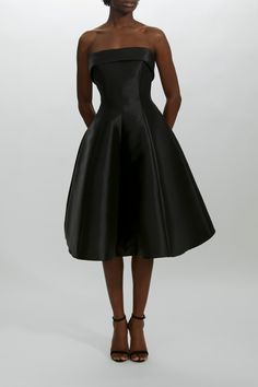 Foldover strapless band multi seamed dress. Shown in Black. Strapless Ankle Length Dress, Strapless A Line Dress, Strapless Dress Pattern, Satin Strapless Dress, Social Dress, Amsale Dress, Model Clothes, Strapless Evening Gowns, Black Pleated Dress