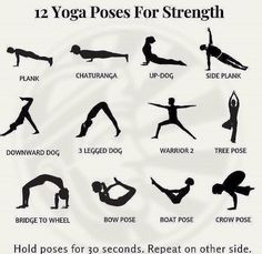 the 12 yoga poses for strength poster is shown in black and white, with instructions on how to do it