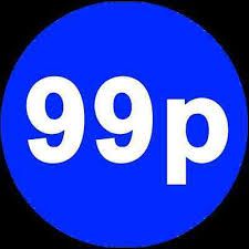 a blue and white sign that says 99p