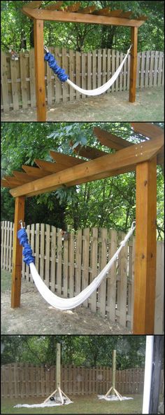 an outdoor hammock made out of wood and white fabric hanging from it's sides