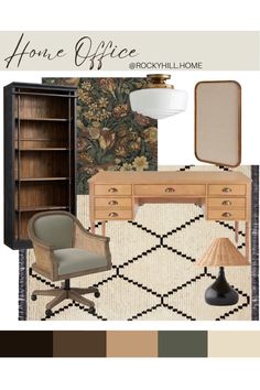 a room with furniture and accessories in it, including a desk, chair, lamp, mirror