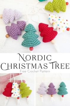 crocheted christmas tree ornaments are hanging from strings with the words nordic christmas tree on them