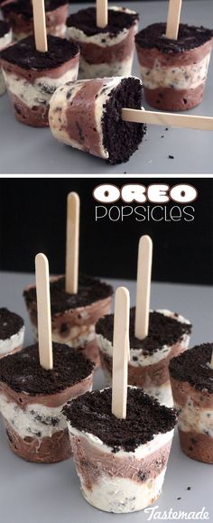 there are several desserts with popsicles on sticks in the cupcakes holder