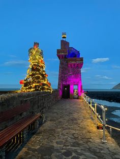 a christmas tree is lit up on the side of a stone wall next to a bench