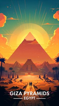 the poster for giza pyramids egypt shows two people walking towards an egyptian pyramid