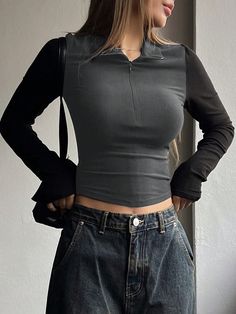 Women`S Solid Color Zippered Half-Placket Long Sleeve T-Shirt, Spring & Summer Grey Casual  Long Sleeve Knitted Fabric Plain  High Stretch  Women Clothing, size features are:Bust: ,Length: ,Sleeve Length: Zipper Top Outfit, Gray Shirt Outfit, Full Sleeve Tshirt, Bodycon Tops, Western Wear For Women, Women T Shirts, Kids Beachwear, Lapel Collar, Long Sleeve Knit