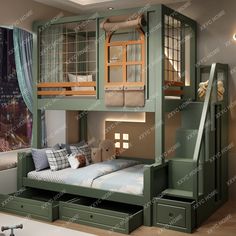 a bunk bed with drawers underneath it in a room that has a window and curtains