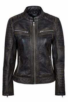 Women Real Leather Black Biker Soft Lamb Skin Jacket Important Note : Please refer our Size Chart in Product Pictures Gallery before purchase.  Superior Quality  Soft Real Leather jacket Exact Material : Lamb Skin Leather Full Grain Color: Black Distress Antique Look Front: Front Zip Closure Soft Polyester Lining with Micro Fiber Insulation foam keep warmth Three inside pockets including mobile pocket High Quality Stitching Washed and Waxing for Antique Look Brand New with Tags FREE DUST COVER E Trendy Leather Jacket, Cafe Racer Moto, Cafe Racer Leather Jacket, Martin Parr, Vintage Leather Jacket, Genuine Leather Jackets, Leather Biker Jacket