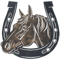 a horse's head is shown in the center of a horseshoe shaped metal sign