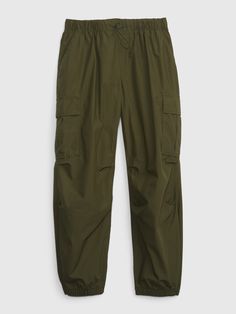 Smooth cotton parachute pants.  Elasticized waist with drawstring.  Front slant pockets.  Back welt pockets.  Side cargo pockets.  Snaps at elasticized leg openings for cinched or wide leg look.  Easy, pull-on waist.  Easy through the hip and thigh. Green Nylon Parachute Pants With Side Pockets, Military Parachute Pants With Cargo Pockets, Outdoor Full-length Parachute Pants With Cargo Pockets, Green Military Parachute Pants With Hip Pockets, Military Parachute Pants With Cargo Pockets For Outdoor, Nike Cap, High Top Adidas, Army Jacket, Curve Jeans