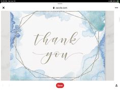 a thank card with the words, thank you in gold and blue watercolors