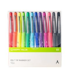 the happy value felt tip marker set is in its box and has six different colors