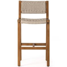 a wooden chair with woven seat padding on the back and armrests, against a white background