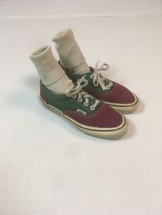 vintage 80s vans skate sneakers made in USA canvas two tone cranberry green low top lace up waffle sole womens 6 by RabiaYMiel on Etsy Retro Mid-top Skate Shoes With Gum Sole, Vintage Lace-up Skate Shoes For Streetwear, Vintage Lace-up Sneakers With Rubber Toe Cap, Retro Green Skate Shoes With Rubber Waffle Outsoles, Green Retro Skate Shoes With Rubber Waffle Outsoles, Green Skate Shoes With Rubber Waffle Outsoles, Retro Green High-top Skate Shoes, Retro Green Skate Shoes With Vulcanized Sole, Retro Green Skate Shoes With Round Toe