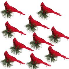 six red birds with pine cones on their heads are shown in this christmas card board game