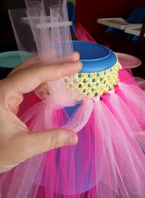 a hand holding a blue cup with yellow and pink decorations on the top, in front of a table