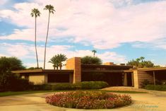 a house with palm trees and flowers in the front yard