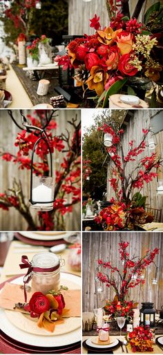 a collage of photos with red flowers and other things in them, including candles