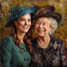 two women are smiling for the camera in front of a painting that looks like it has been painted