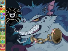 an animated image of a wolf with chains around its neck and eyes, in front of a computer screen