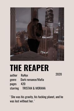 an advertisement for the reaper, featuring two people kissing in front of a cityscape