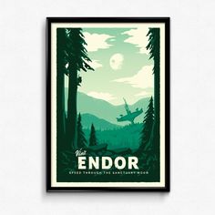 a poster with the words endor on it in green and white, surrounded by trees