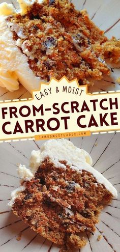 two pictures of carrot cake on a plate