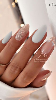 @matuszewsk.a Simple Wedding Nail Ideas, Bride Almond Nails, Gel Nails Ideas Almond Shape, Married Nails, Elegant Glitter Nails, Engagement Nails, Bridesmaids Nails, Nude Nail Designs, Cute Gel Nails