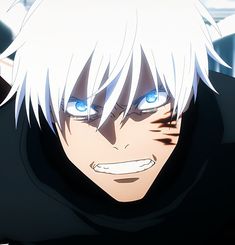 an anime character with white hair and blue eyes looking at the camera while staring straight ahead