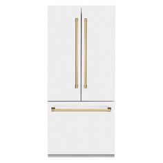 a white refrigerator freezer with gold handles