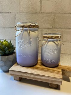 two mason jars sitting on top of a wooden stand next to a succulent plant