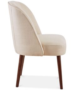 an upholstered chair with wooden legs and a beige fabric seat cushion, viewed from the front