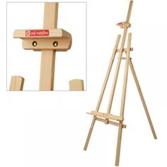 a wooden easel with a red sign on it's side and a white background