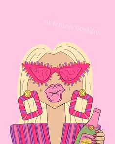 a woman wearing sunglasses and holding a bottle in front of her face with the words i'll lemon designs on it