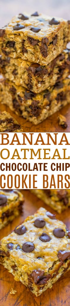 banana oatmeal chocolate chip cookie bars are stacked on top of each other