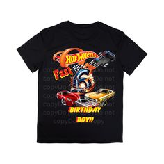 a black t - shirt with an image of hot wheels on it