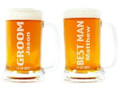 two beer mugs with the names groom and best man on them sitting next to each other