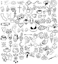 a large collection of doodled hearts and crosses on a white background with black ink