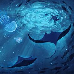 an underwater scene with sea animals swimming in the water and stars shining above them,