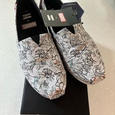 New With Tags Toms Shoes Collaboration With Marvel Has Comfort Foam Insoles Has Box Marvel Comic Art, White Slip On Shoes, Striped Flats, Toms Classic, Canvas Slip On Shoes, Holiday Shoes, Animal Print Shoes, Tan Shoes, Flat Shoe