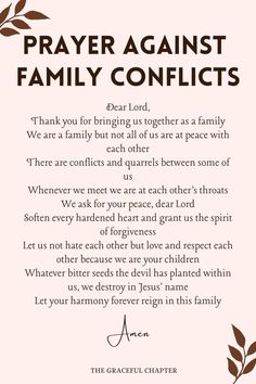 a prayer card with the words prayer against family conflicts